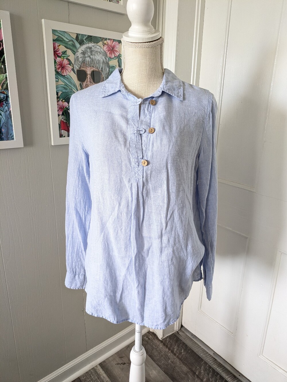Sigrid Olsen Linen Tunic Women Sm Blue Henley Roll Tab Coastal Boho Lagenlook